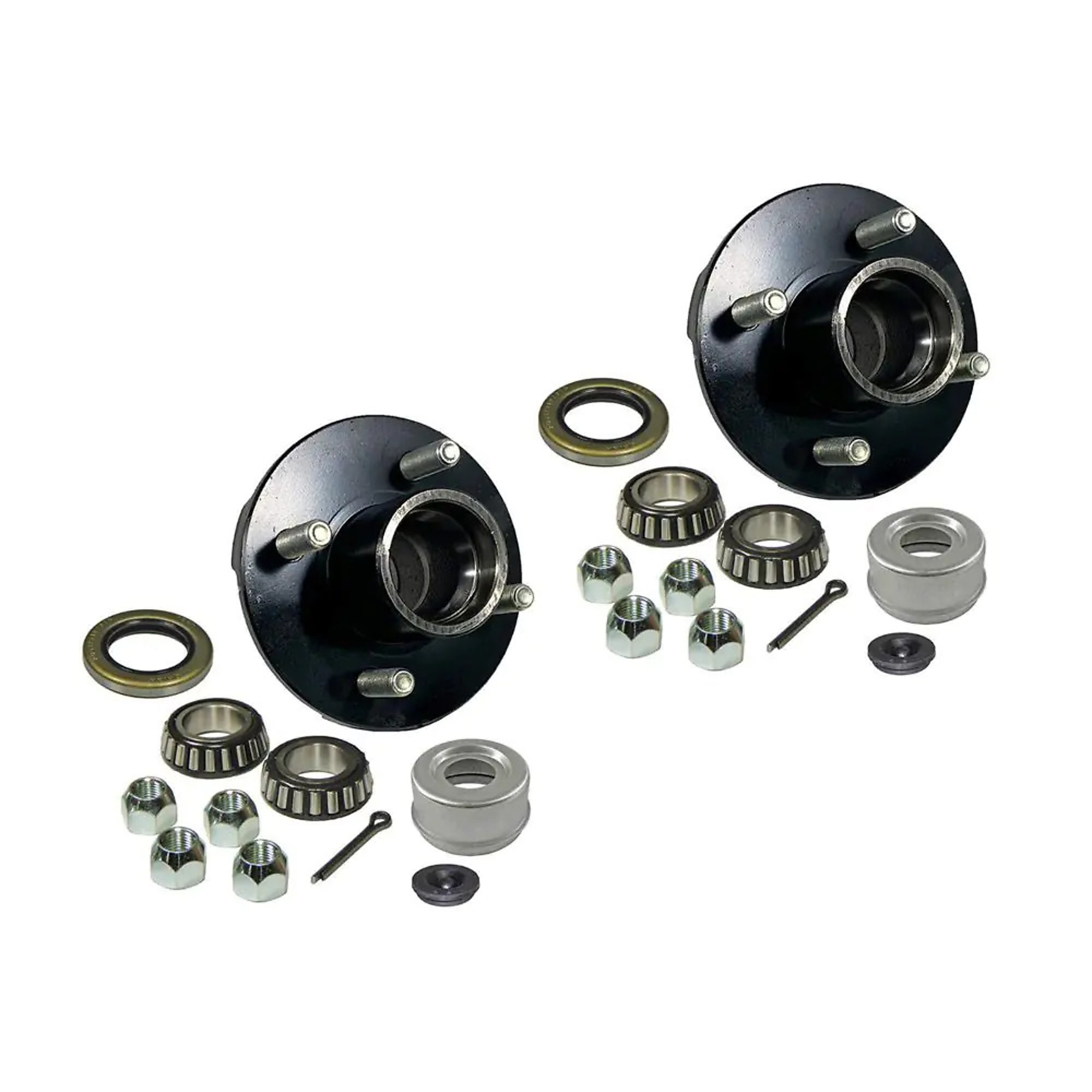 Rigid Hitch, Pair of 4-Bolt Idler Hubs Kit for 1-1/16 inch Straight Spindles, 4-Bolt on 4in Circle, For 2200 lb Axle, 1250 lb Capacity per Hub, EZ-Lube Cap and Plug, Complete Bearing and Seal Kit, Model#  BT-100EZ-PR
